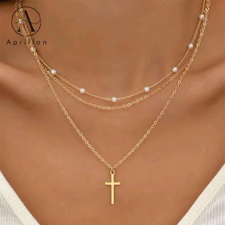 Aprillan Women Multilayer Cross Pendant Necklaces Neck Chain Jewelry