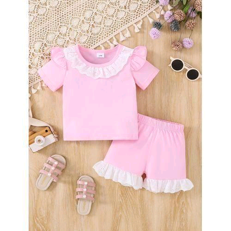 Catpapa 0-3Years Baby Girl Cute Pink 2pcs Lace T-shirt With Shorts