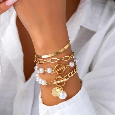 Women's Gold Pearl Chain Round Tag OT Buckle Bracelet Set
