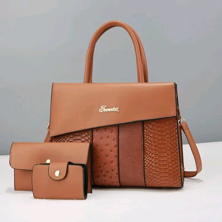 3 Set Female Women Shoulder Ladies Structured Handbag-brown