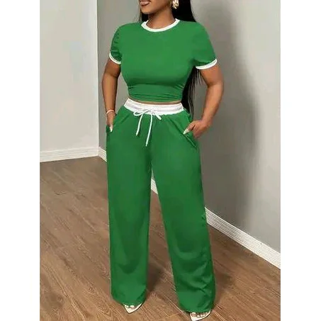 Women's Green T-Shirt & Trousers 2-Piece Set – Crew Neck, Regular Fit – Made in NG