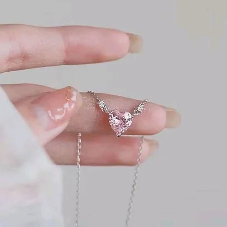 Pink Heart Shaped Birthstone Pendant Necklace For Women