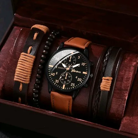Men's Three Eyes Canvas Quartz Watch + PU Bracelet Set Watch