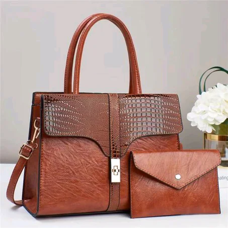 2set Women Trendy Fashion Shoulder Tote Handbag - Brown