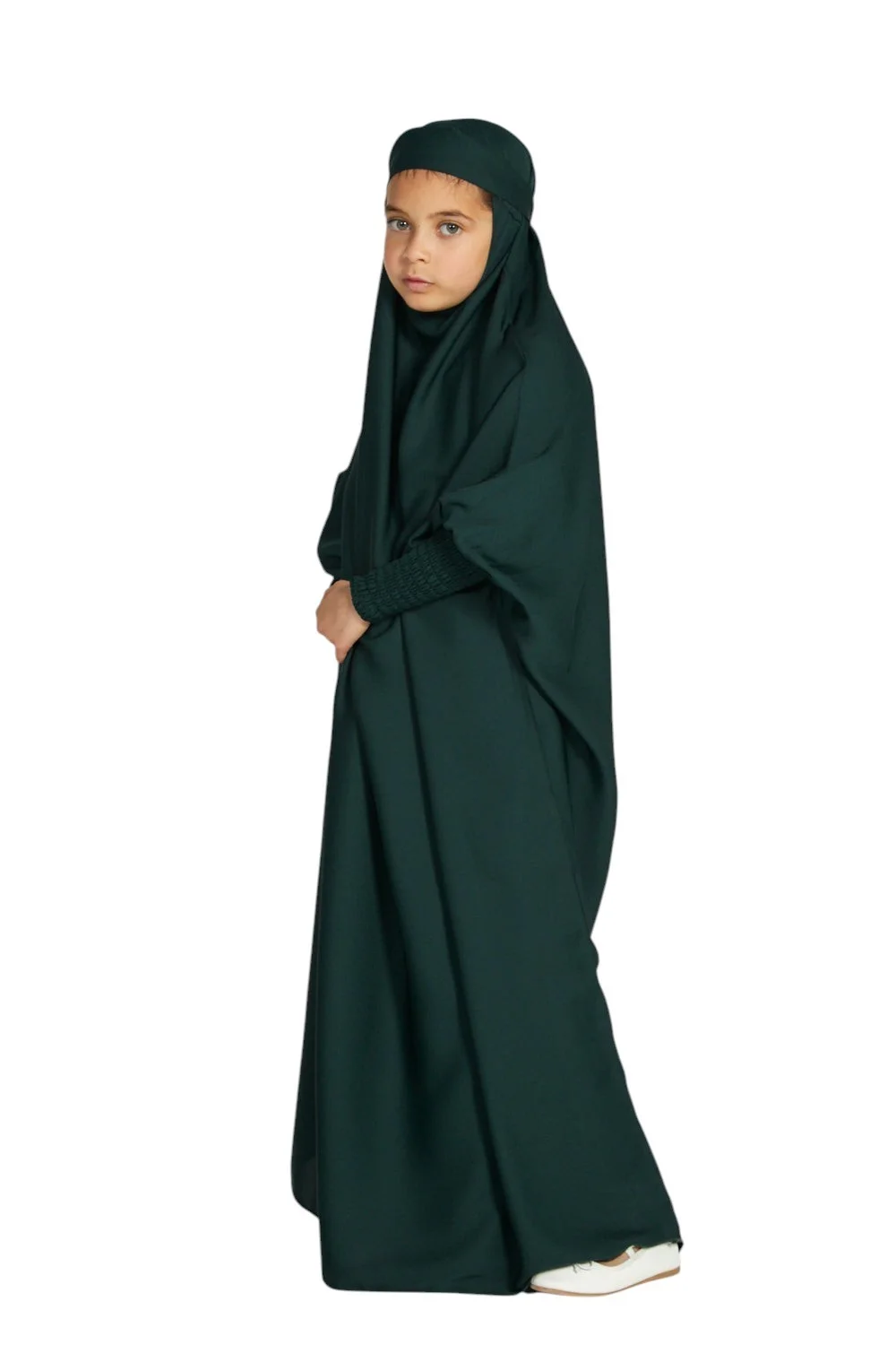 jilbab / Junior Girls One Piece Full Length Jilbab/ Prayer Abaya - Forest Green