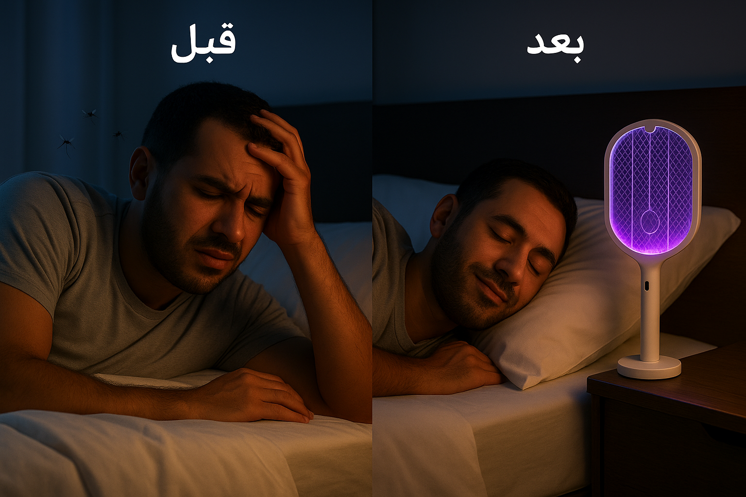 🦟 راكيت حماية 3 في 1 ضد الناموس – ضوء، راحة ونوم بلا إزعاج!
