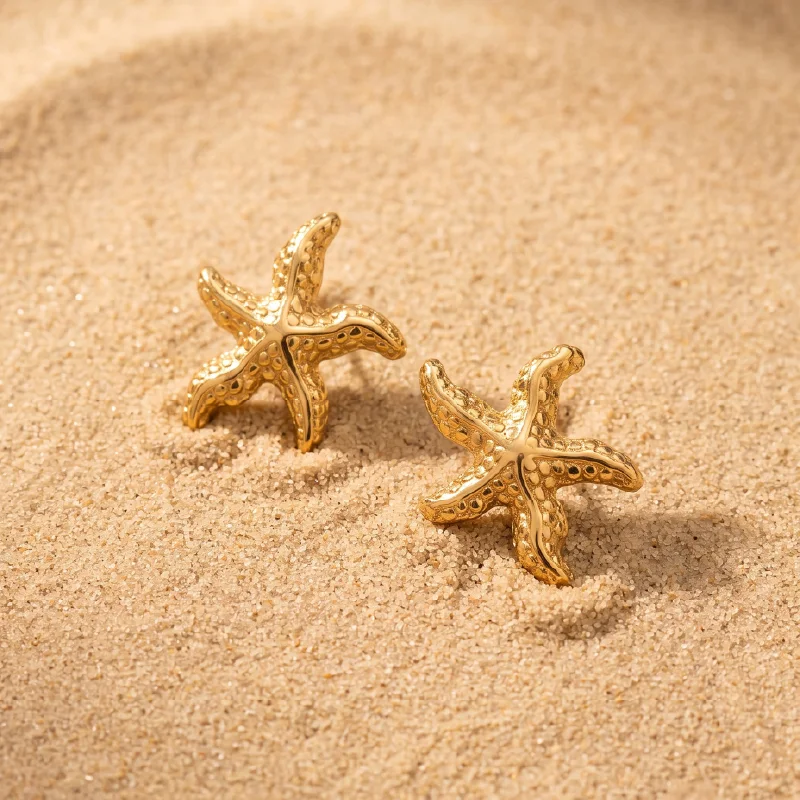 Gold Starfish Stud Earrings — Stainless Steel