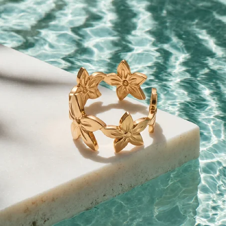 Gold Flower Band Ring — Stainless Steel