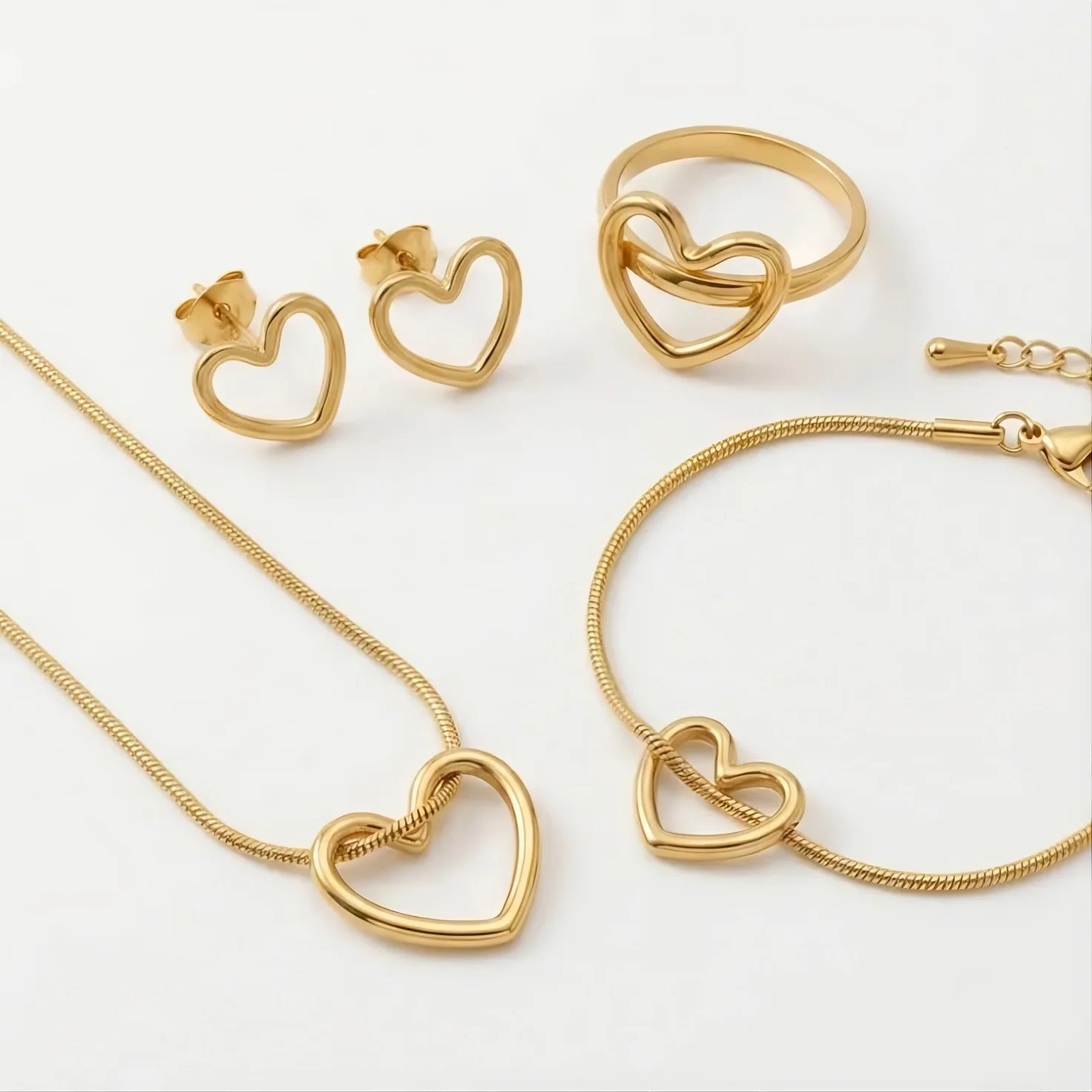 Gold Heart Jewelry Set — Necklace, Bracelet, Earrings & Ring — Stainless Steel