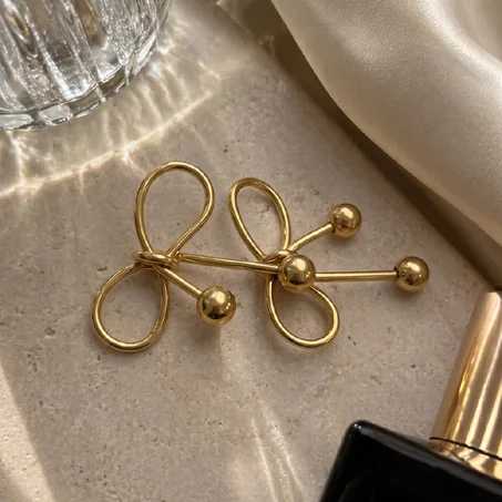 Gold Bow Bar Earrings — Stainless Steel