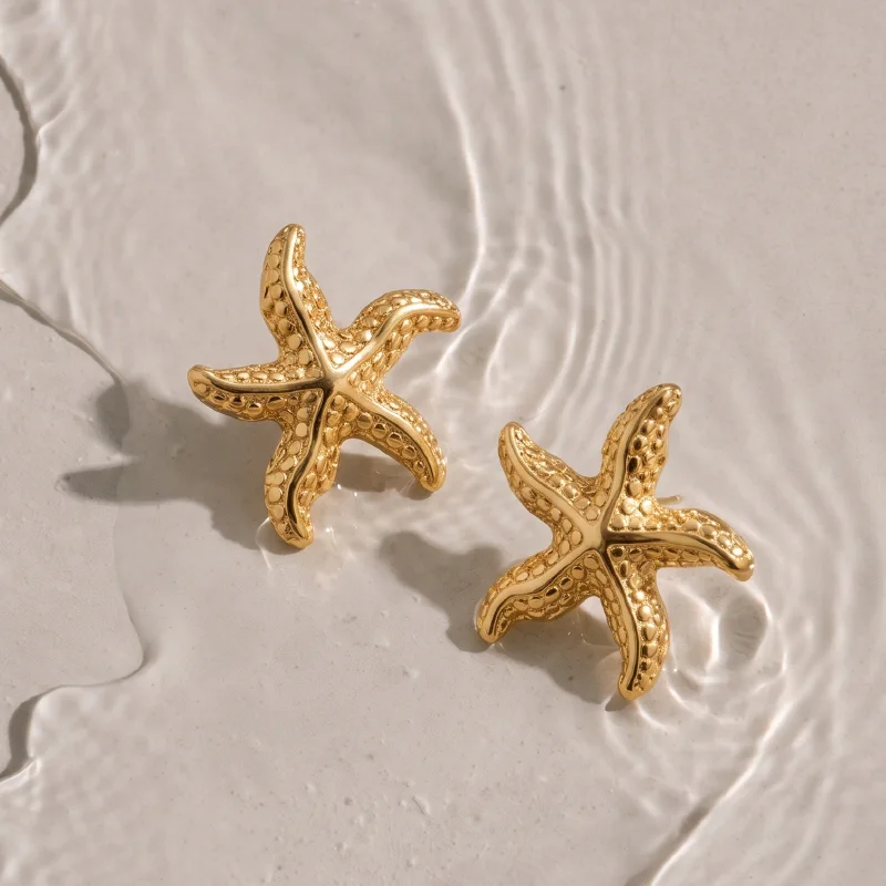 Gold Starfish Stud Earrings — Stainless Steel