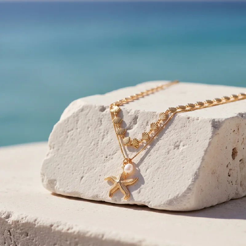 Gold Starfish & Pearl Layered Necklace — Stainless Steel