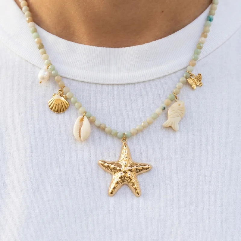 Stone Bead Starfish Charm Necklace — Stainless Steel