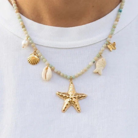 Stone Bead Starfish Charm Necklace — Stainless Steel
