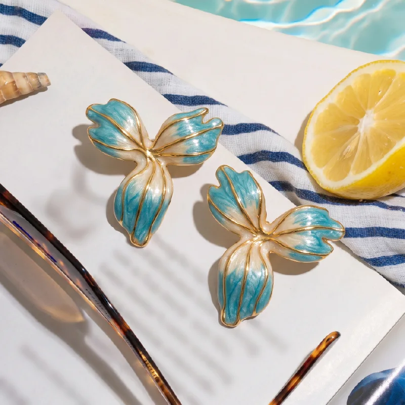 Blue Petal Enamel Earrings — Stainless Steel