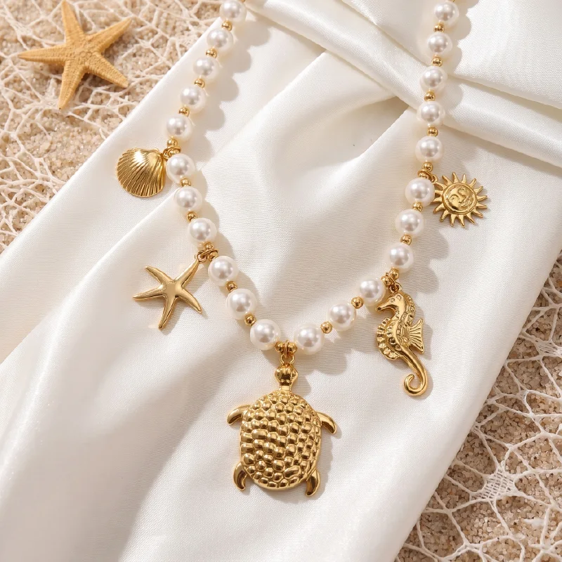 Gold Turtle & Sea Charm Pearl Necklace — Stainless Steel