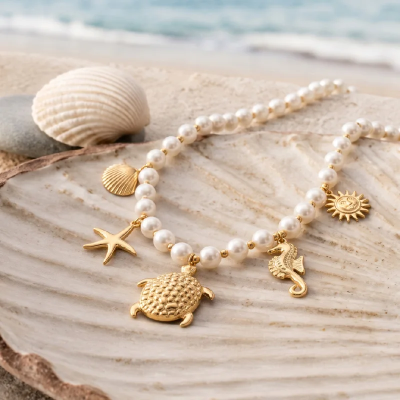 Gold Turtle & Sea Charm Pearl Necklace — Stainless Steel