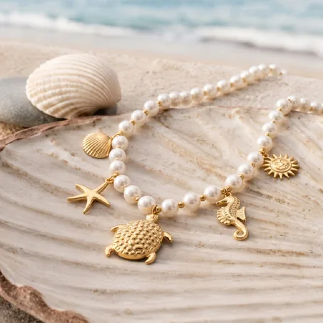 Gold Turtle & Sea Charm Pearl Necklace — Stainless Steel
