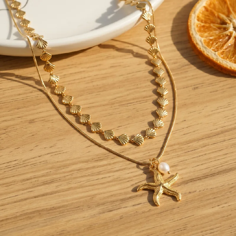 Gold Starfish & Pearl Layered Necklace — Stainless Steel