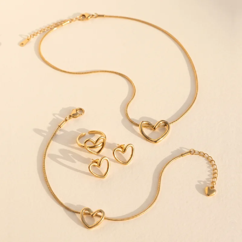 Gold Heart Jewelry Set — Necklace, Bracelet, Earrings & Ring — Stainless Steel