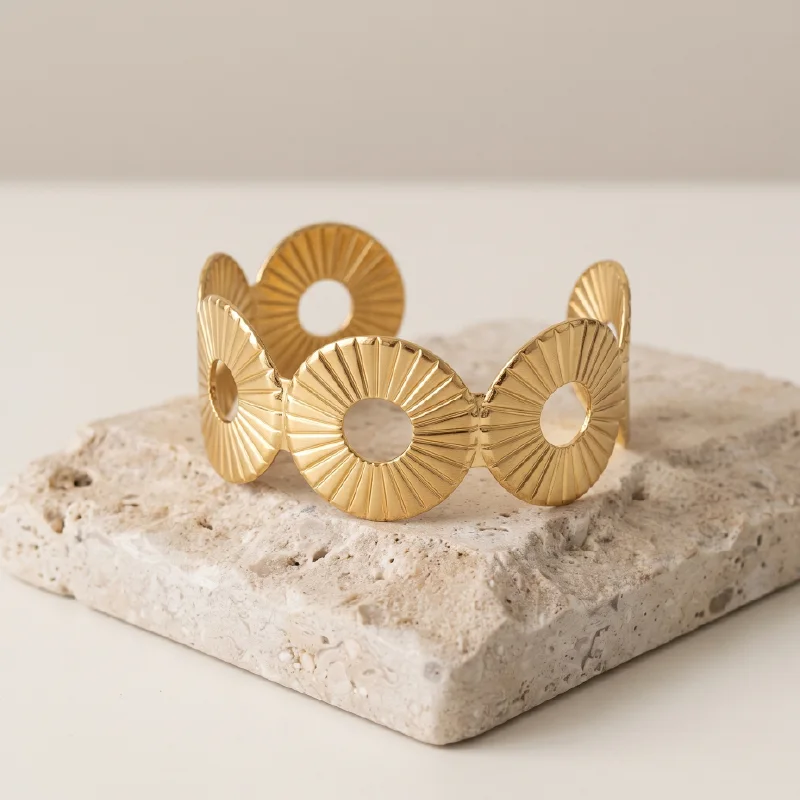 Gold Sunburst Disc Cuff Bracelet — Stainless Steel