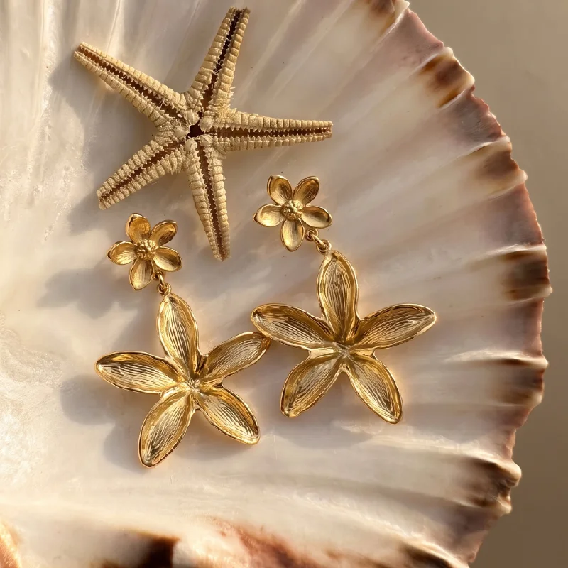 Gold Flower Drop Earrings — Stainless Steel