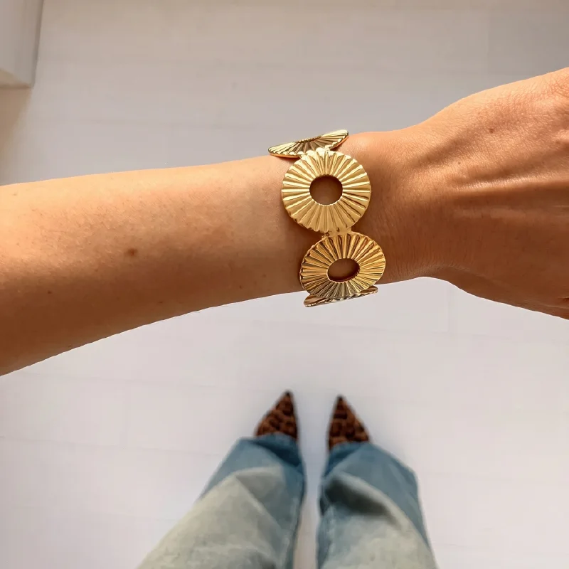 Gold Sunburst Disc Cuff Bracelet — Stainless Steel
