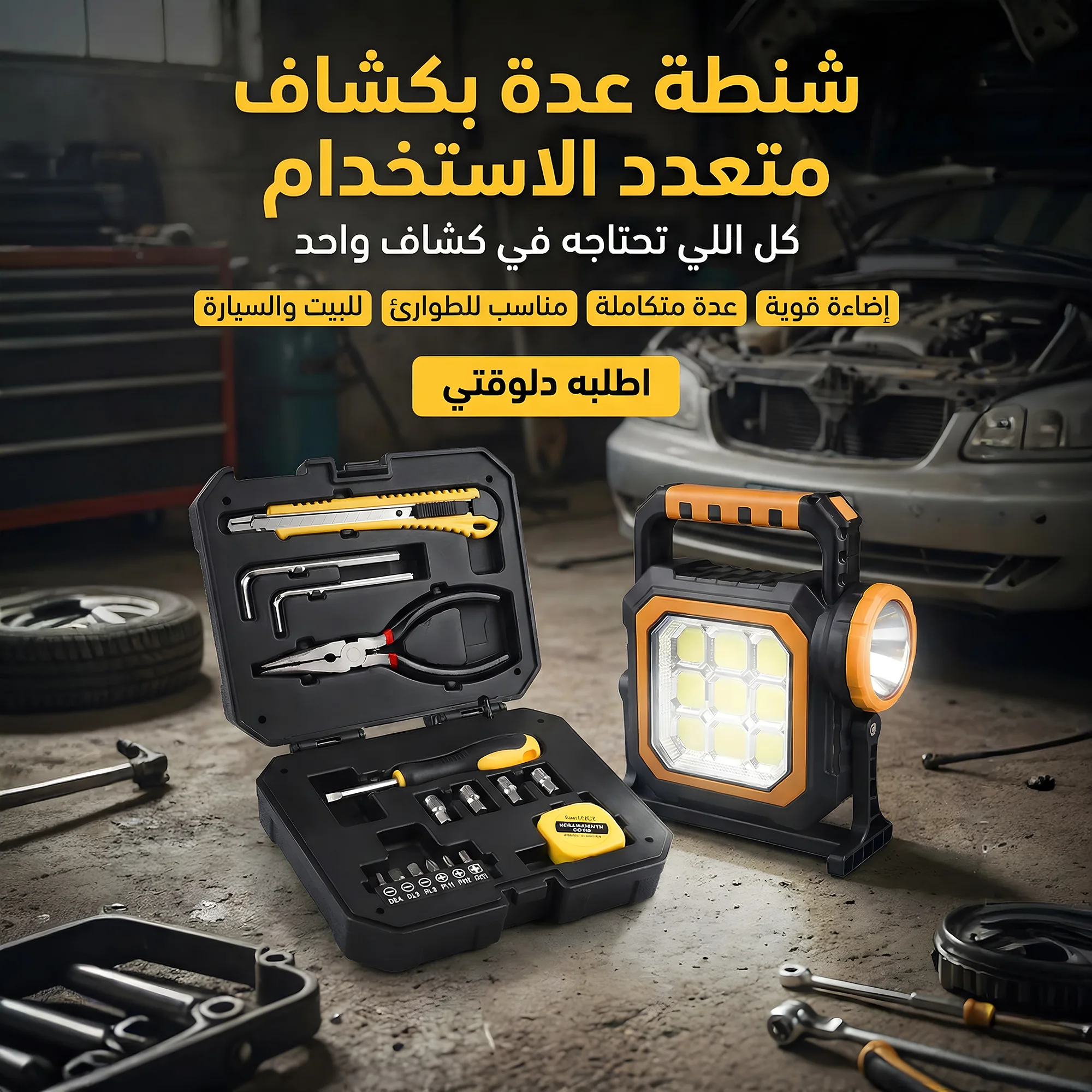 شنطة عدة الطوارئ 2 في 1 (كشاف LED قوي + طقم أدوات صيانة) | للسيارة والرحلات