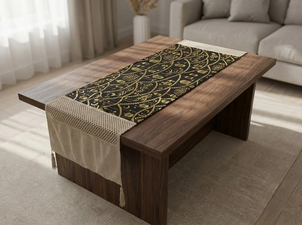 طقم رانر طاولة + 2 كفر كوشن (بيج × أسود) | تصميم رمضاني فاخر بتطريز ذهبي