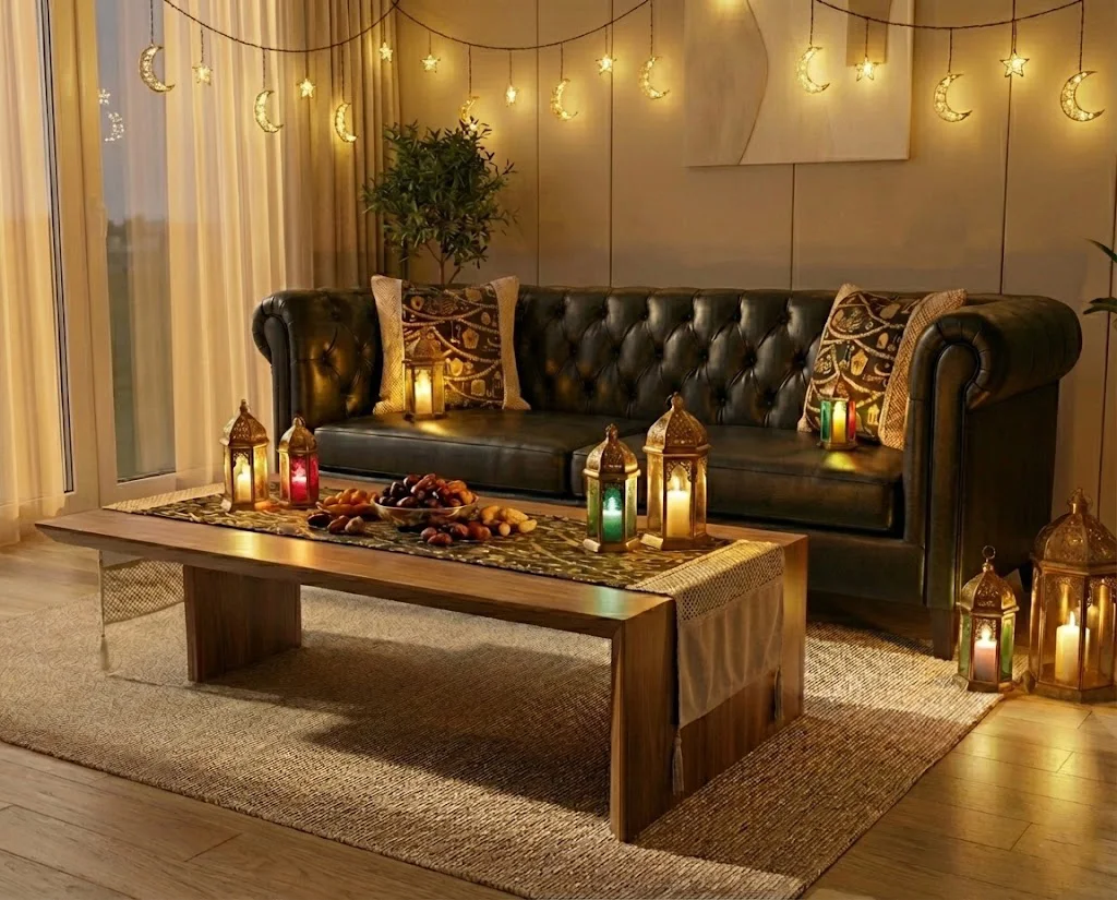 طقم رانر طاولة + 2 كفر كوشن (بيج × أسود) | تصميم رمضاني فاخر بتطريز ذهبي