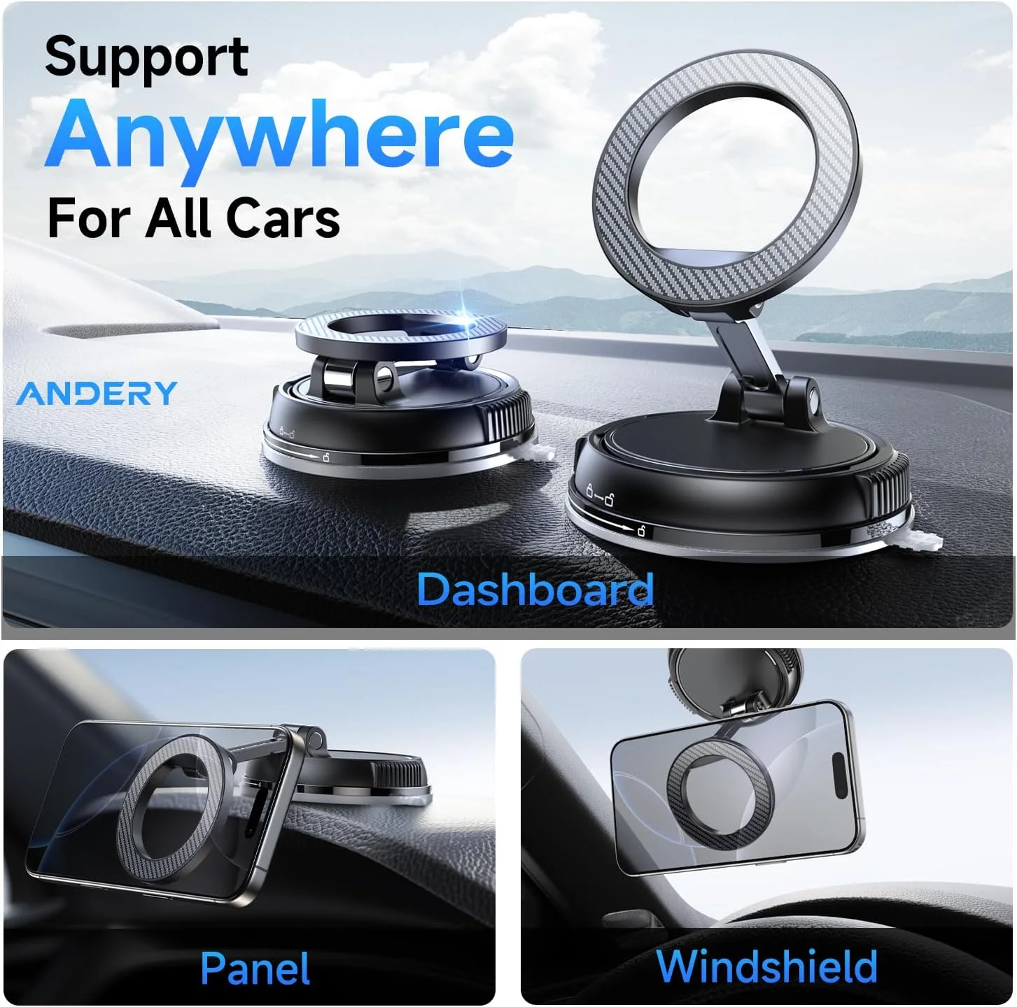 ANDERY Magnetic Car Mount (Nano Gel, 360° Adjustable)