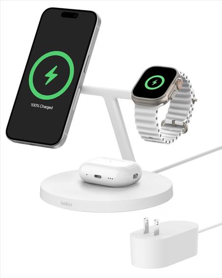 Cargador Belkin compatible con MagSafe, estación de carga inalámbrica 3 en 1, cargador inalámbrico de 15 W con certificación Qi2 para Apple iPhone 16, Apple Watch, AirPods...
