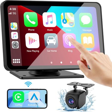 Pantalla Apple CarPlay para coche, estéreo portátil HD de 7" con pantalla táctil y Android Auto inalámbrico, cámara de reversa, receptores de audio con control de voz, Mirror Link, Bluetooth 