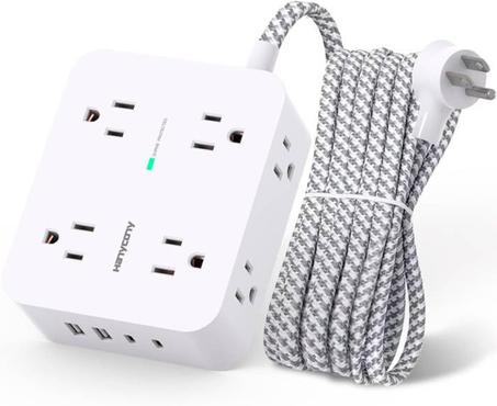 Regleta con protector de sobretensiones: 8 tomas de corriente con 4 puertos USB (2 USB-C), extensor de enchufes múltiples, cable trenzado de 1,5 m, estación de carga USB de escritorio con enc