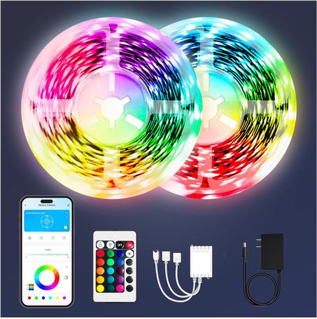Tira de luces LED Bluetooth PHOPOLLO de 100 pies (2 rollos de 50 pies), luces LED que cambian de color RGB para decoración de dormitorio y cocina, control de aplicaciones y sincronización de 