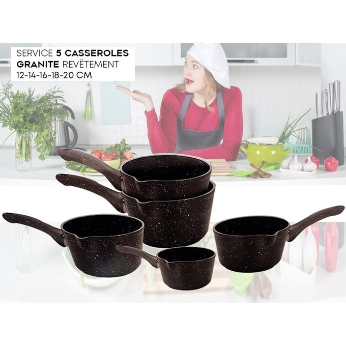 Elégante Série de 5 Casseroles de la Marque Bonomi Top Granite Tailles Progressives Robuste Noir