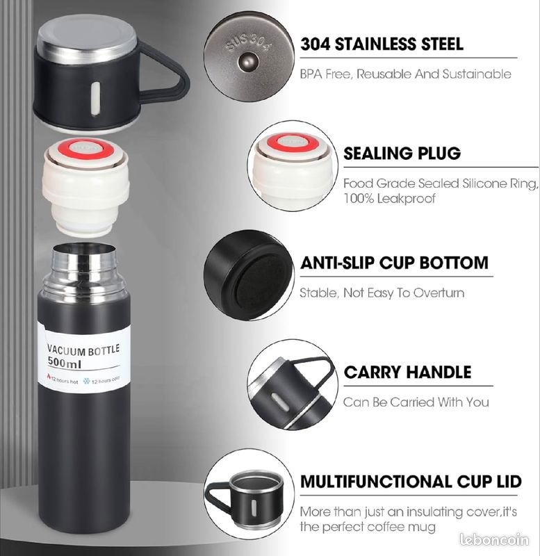 Ensemble de flacons isothermes avec 3 tasses en acier boisson chaude/froide500ml VACUUM FLASK
