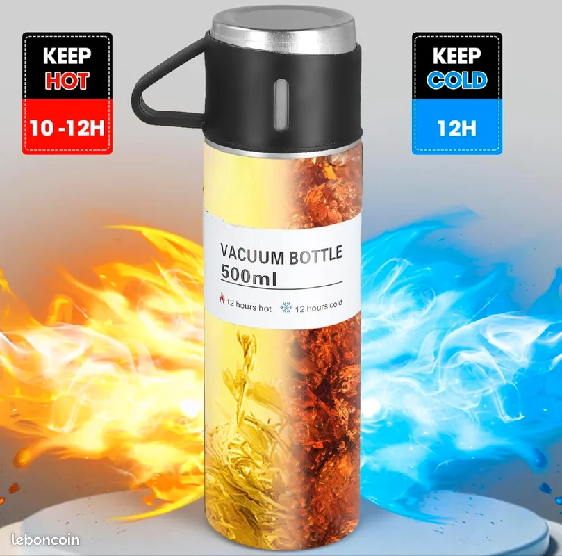 Ensemble de flacons isothermes avec 3 tasses en acier boisson chaude/froide500ml VACUUM FLASK