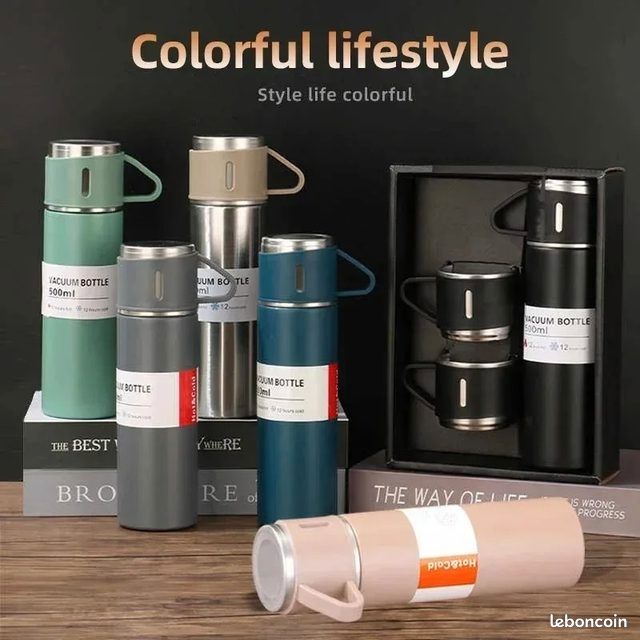 Ensemble de flacons isothermes avec 3 tasses en acier boisson chaude/froide500ml VACUUM FLASK