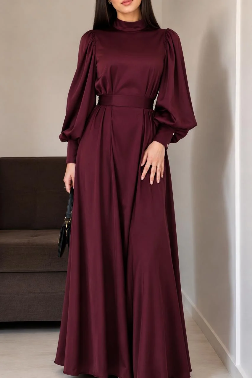 كسوة ساتان أنيقة بأكمام منفوشة
