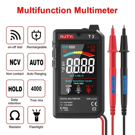 NJTY T3 multimètre numérique intelligent type-c charge automatique 4000 points Ultra-mince NCV fil sous tension affichage couleur multimètre outil
