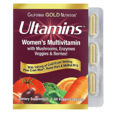 California Gold Nutrition - Ultamins - Multivitamines pour femmes, Avec CoQ10, Champignons, enzymes, légumes et baies - 60 capsules végétariennes