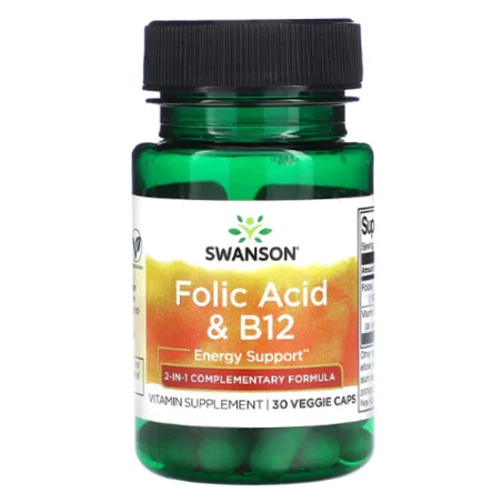 Swanson, Acide folique et vitamine B12, 30 capsules végétariennes