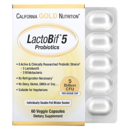 California Gold Nutrition - Probiotiques LactoBif 5 - 5 milliards d'UFC - 60 capsules végétales