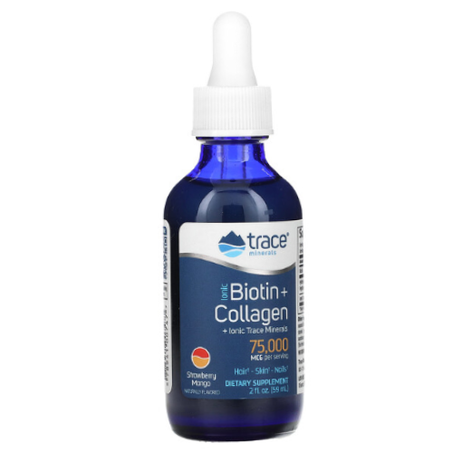 Trace Minerals - Biotine ionique + collagène - Fraise et mangue - 75 000 µg - 59 ml