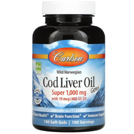 Carlson - Wild Norwegian - Gemmes d’huile de foie de morue Super 1000 mg - 100 capsules à enveloppe molle