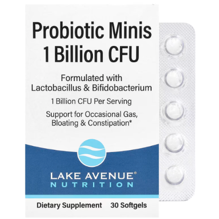 Lake Avenue Nutrition - Probiotic Minis, 2 souches de bonnes bactéries, 1 milliard d'UFC - 30 minicapsules à enveloppe molle
