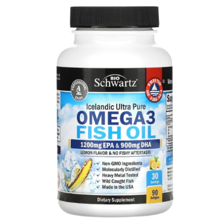 BioSchwartz - Huile de poisson riche en oméga-3 Saveur citron 1200 mg d'EPA 900 mg de DHA - 90 capsules à enveloppe molle