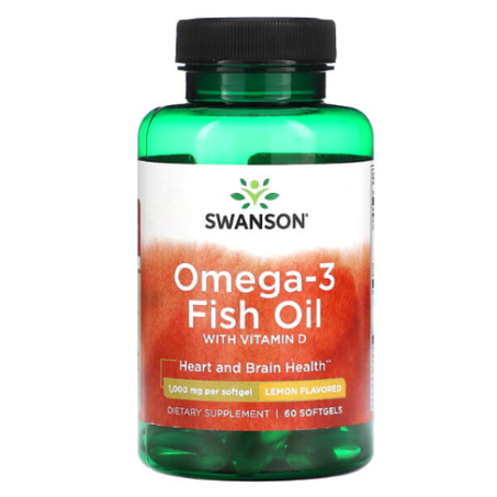 Swanson - Huile de poisson riche en oméga-3 et vitamine D 1000 mg - arôme du Citron - 60 capsules à enveloppe molle