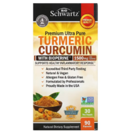 BioSchwartz - Curcumine de curcuma à la BioPerine, 1500 mg - 90 capsules (500 mg pièce)